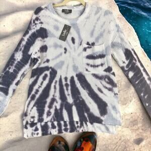Belledini Womens Size Small Navy Blue Haze Tie Dye Knit Sweater Pocket Pullover